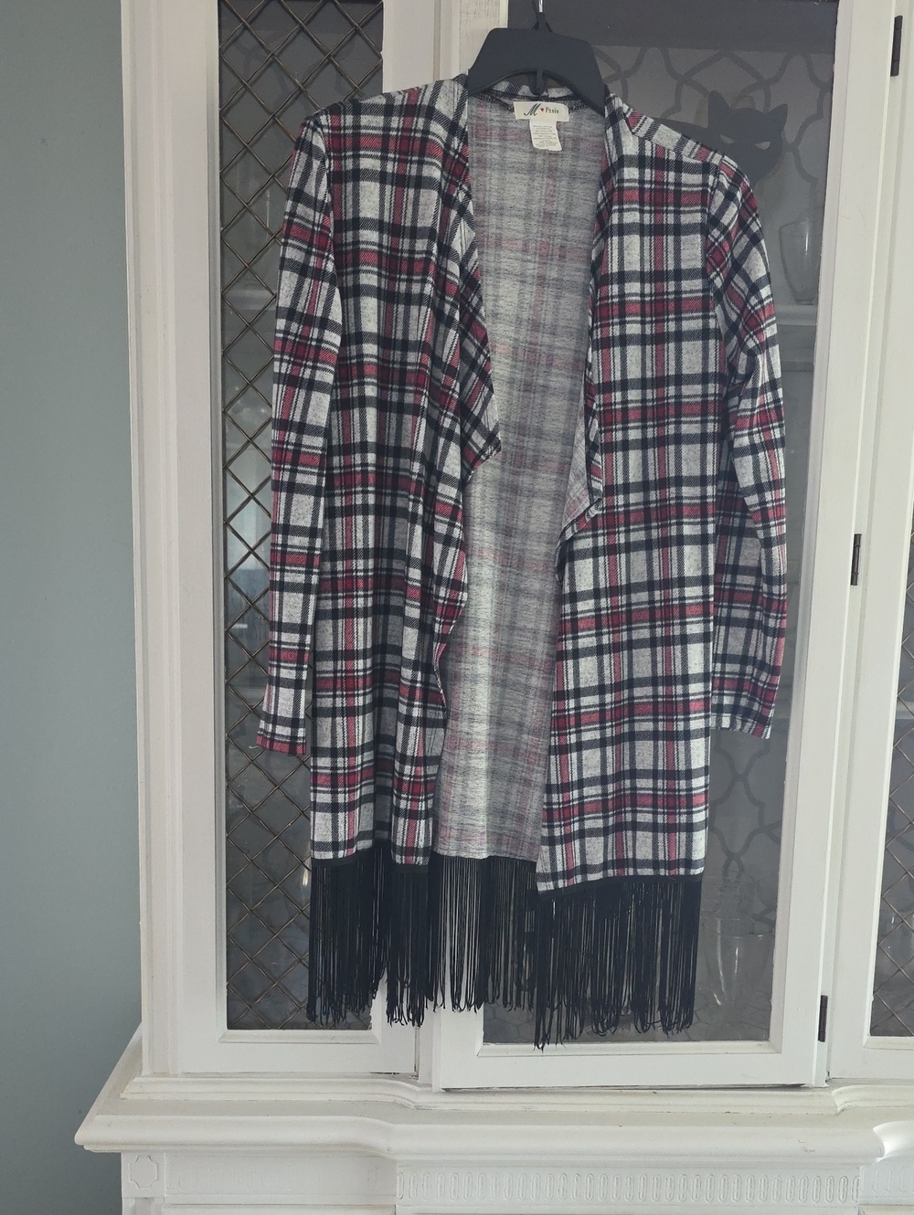 Plaid Open-Front Fringe Cardigan in Black, White & Red
